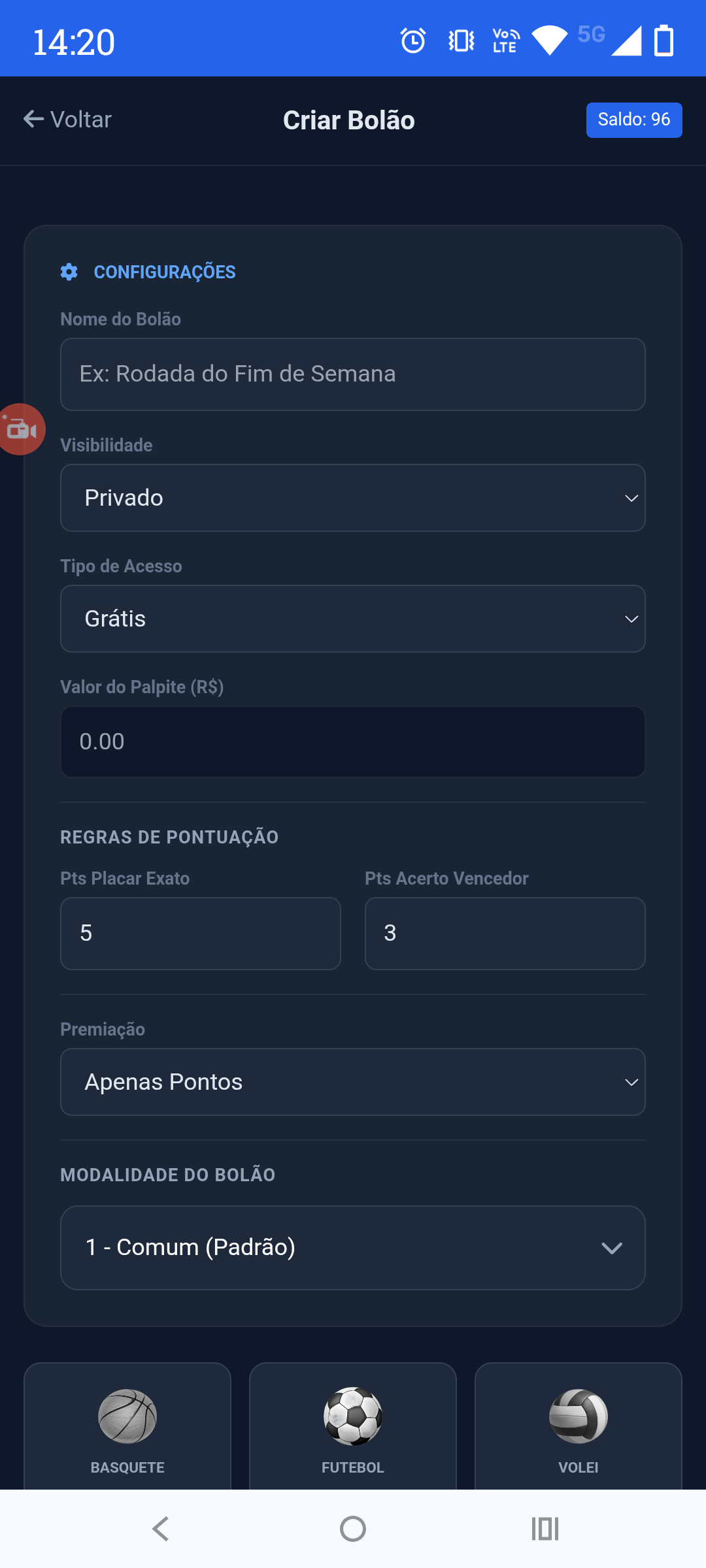 Criar Bolão